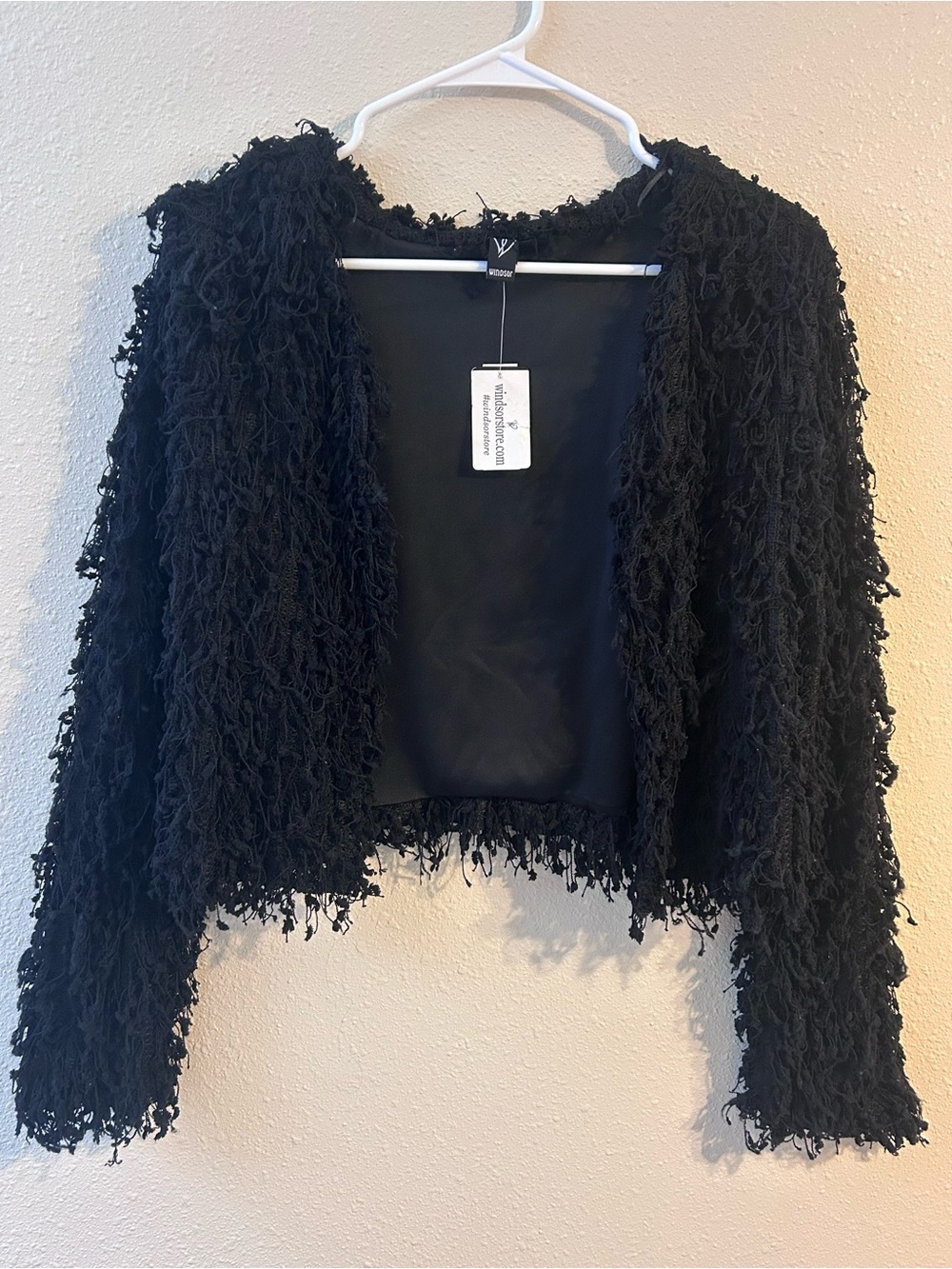 Windsor Black Shaggy Loop Fringe Knit Cardigan Crop Jacket Festival Rave S NWT